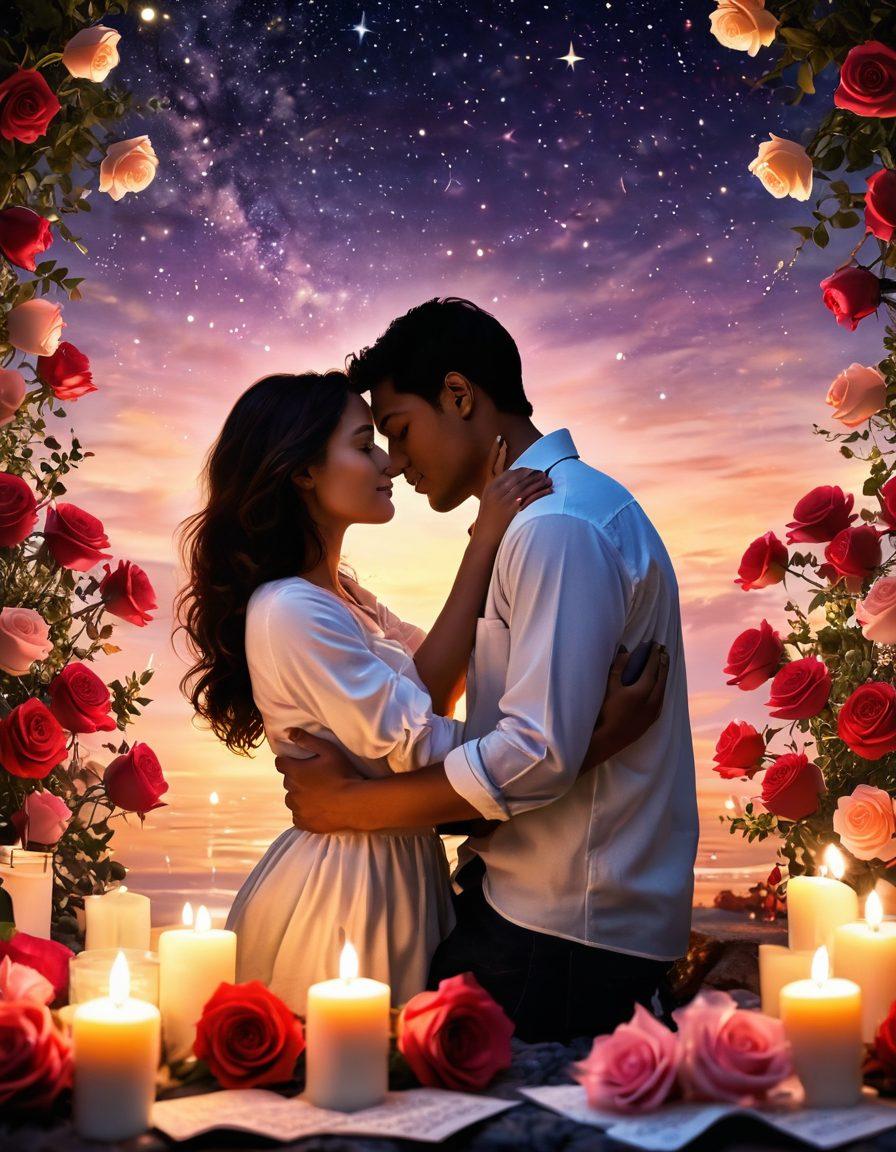 A softly lit romantic scene featuring a couple sharing an intimate moment under a starlit sky. Various love letters float around them, illuminated by a gentle glow, while roses and candles create a warm atmosphere. The background is a dreamy blend of twilight colors, enhancing the feeling of romance and desire. super-realistic. vibrant colors. dreamy background.
