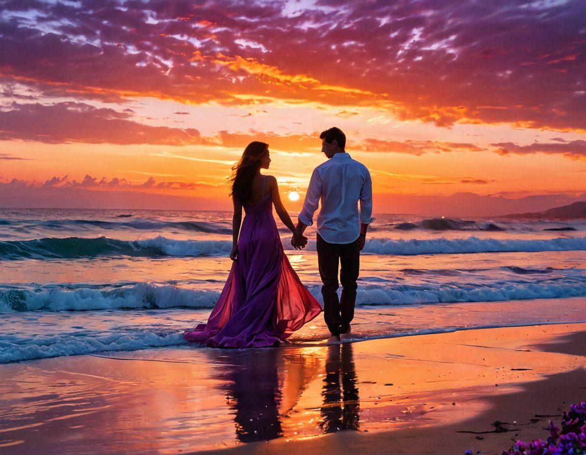 A romantic couple wrapped in a warm embrace, overlooking a breathtaking sunset by the sea, symbolizing love beyond boundaries. Their silhouettes reflect joy and sensuality, with the gentle waves caressing the shore. The sky explodes in vibrant hues of orange, pink, and purple, while delicate flowers surround them, representing true love's beauty. soft focus. warm colors. 3D.