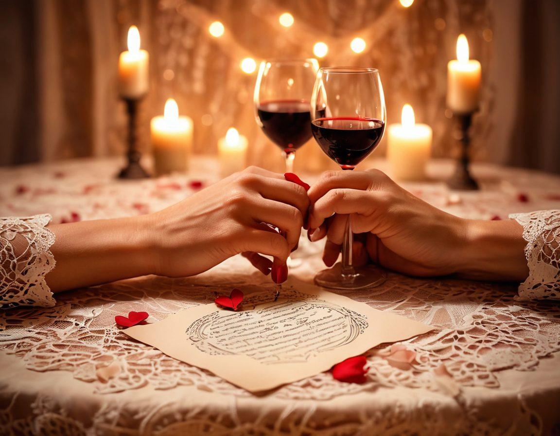 A romantic candlelit setting with two intertwined hands resting on a delicate lace tablecloth, surrounded by open love letters and a glass of red wine, soft focus, warm hues creating an intimate atmosphere, hinting at emotional connections and love stories. super-realistic. vibrant colors. soft bokeh.